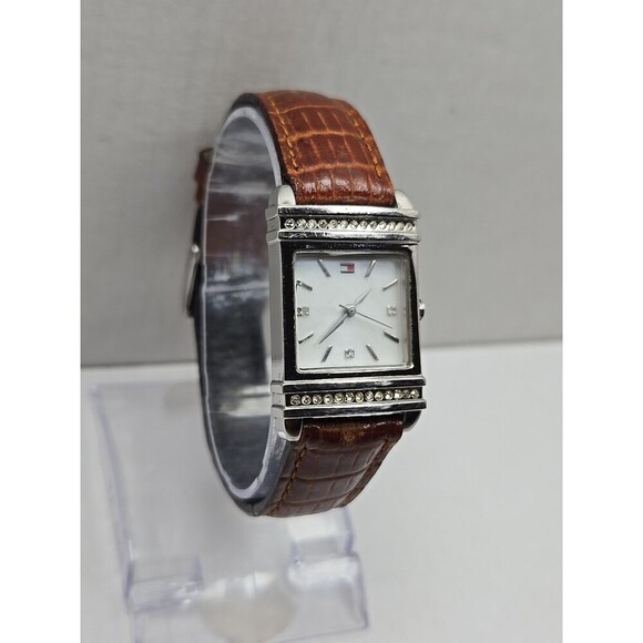 Tommy Hilfiger Womens Square Crystal Quartz Watch Brown Leather New Battery Slim - Picture 3 of 11
